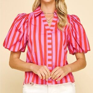 Striped Puff Sleeve Blouse - Pink and Red